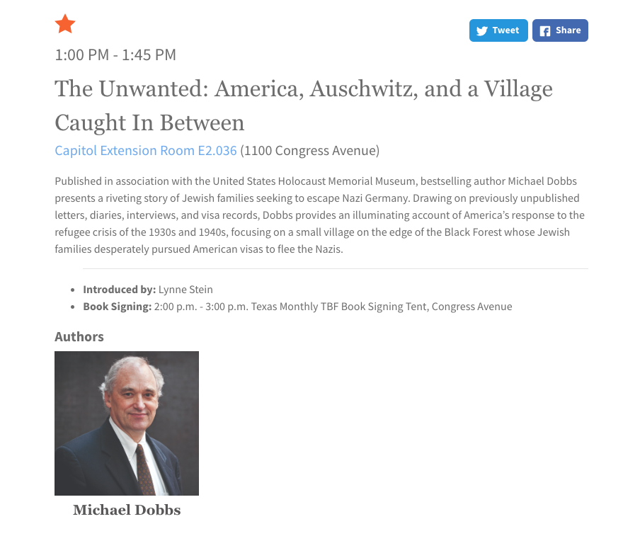 juliberwald's tweet photo. More @texasbookfest promo: my husband Keith Fern in his debut as sports moderator (better late than never) &amp; sis @lynnebstein introducing a book about the Holocaust and the refugee crisis of the 30s and 40s. Sunday at 1 and 2 pm inside the Texas Capitol. @michaeldobbs @kdrobbins https://t.co/Ie5s9rmxvZ