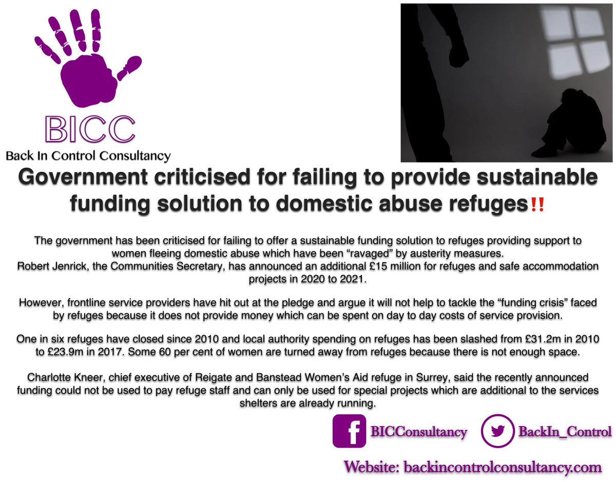 BackIN_Control's tweet image. GOVERNMENT CRITICISED FOR FAILING TO PROVIDE SUSTAINABLE FUNDING SOLUTION TO DOMESTIC ABUSE REFUGES‼️

...refuges providing support to women fleeing domestic abuse which have been “ravaged” by austerity measures.

backincontrolconsultancy.com #BiCC #BackInControl #domesticviolence