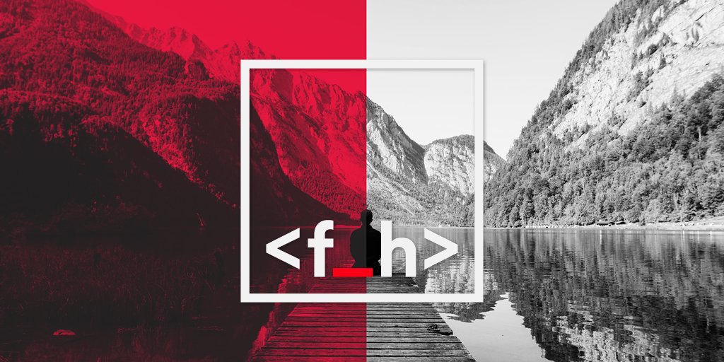 Lone figure contemplating a smooth lake's surface and mountains. The letters F and H