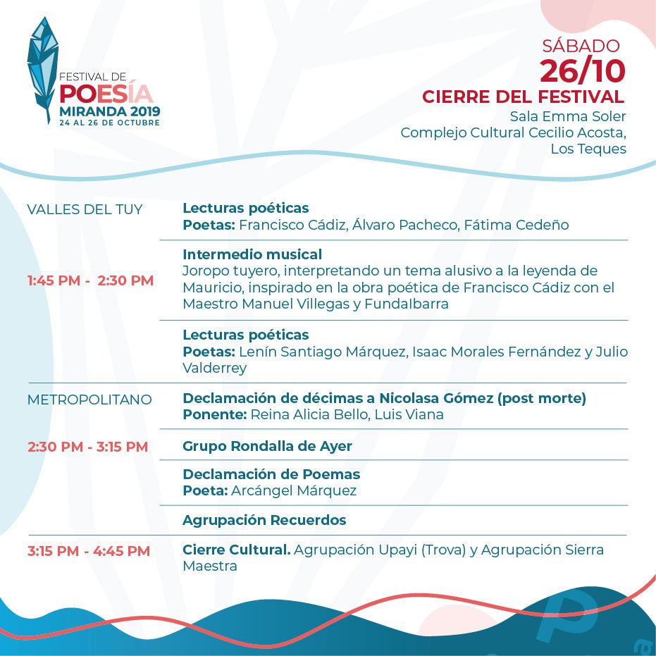 ¡Siente la pasión de la poesía! 🥰 Este sábado, gran cierre del Festival de Poesía Miranda 2019, de forma simultánea en todos los ejes de la entidad. #FestivalPoesíaMiranda 📜🖋