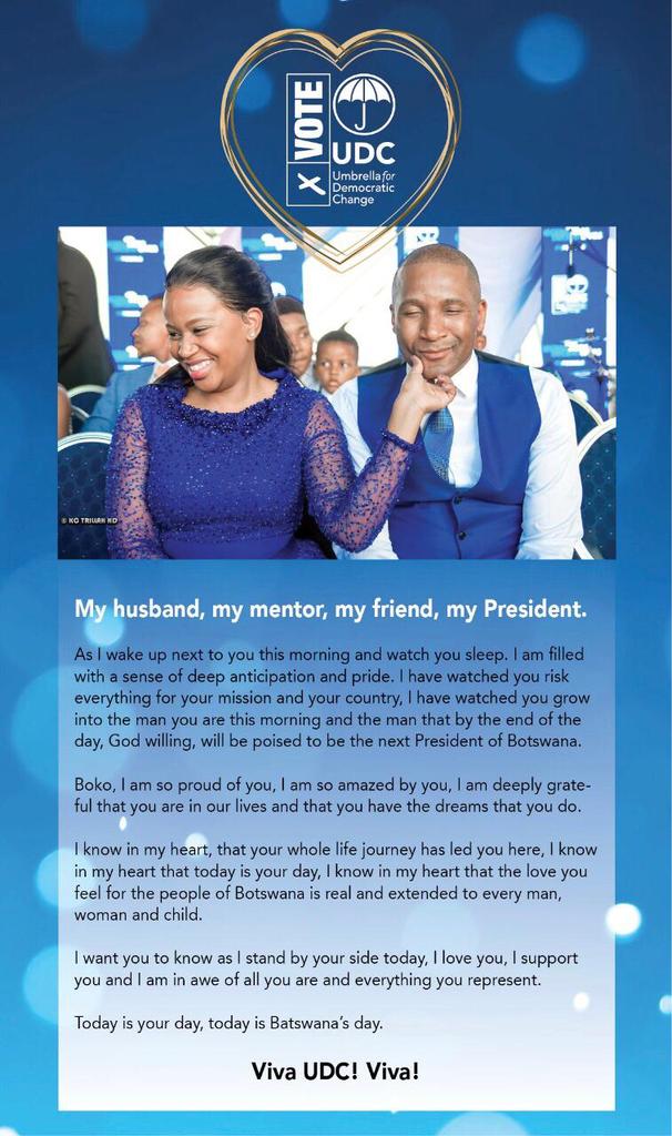 Thank you to my wife, Kaone Boko, for all the support 💙 🇧🇼
#BotswanaElections 
#BwElections 
#BWELECTIONS2019 
#DecentJobs 
#DecentLives