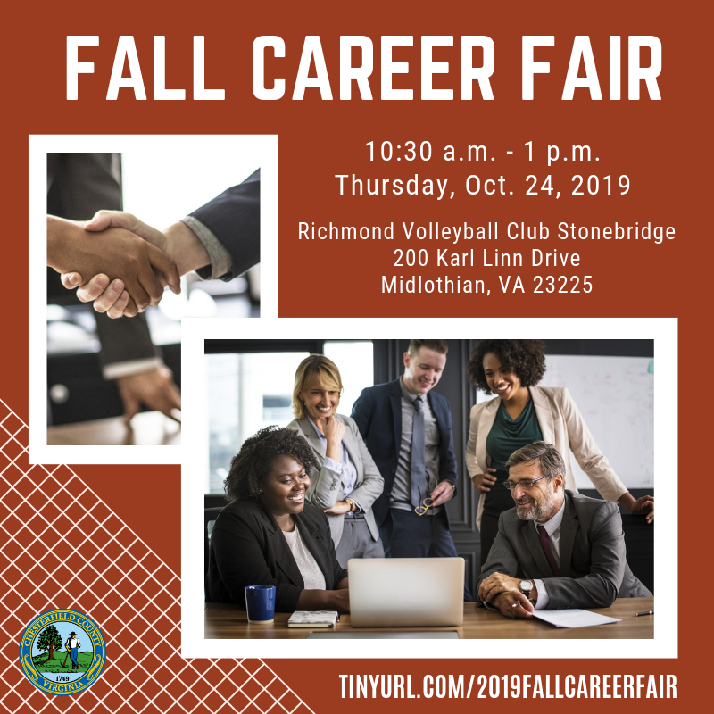 ChesterfieldVa's tweet photo. Are you coming to the 3rd Annual Fall Career Fair TOMORROW? Bring lots of resumes because over 90 employers will be there, including @CCPDVa, @CCSOVA, @VirginiaDMV, @GoodwillCVandHR and @YMCARichmond.

See you there 10:30am - 1pm at 200 Karl Linn Drive! https://t.co/aITroATo1J https://t.co/PAp8bxMljO