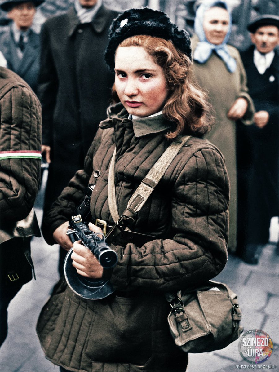 SebGorka's tweet photo. This girl fought real dictators with a submachine gun. 

Age 15.

Today’s millennials rail about fake Fascists as they quake in their “safe spaces.”

God Bless the souls of those brave Freedom Fighters who liberated my father. 

63 years ago today. 

       #HungarianRevolution https://t.co/qBNWUAwIZt
