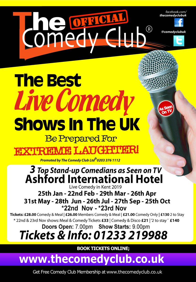 Friday 25th October #LIVE #Comedy show @AshfordIntQ Hotel #Ashford #Kent featuring 3 TOP #Comedians @KarenBayley @mattstellingwerf @solbernstein  for a night of good food, drink and laughter all under one fine roof! starts 9pm Tickets still available here: thecomedyclub.co.uk/events/ashford…