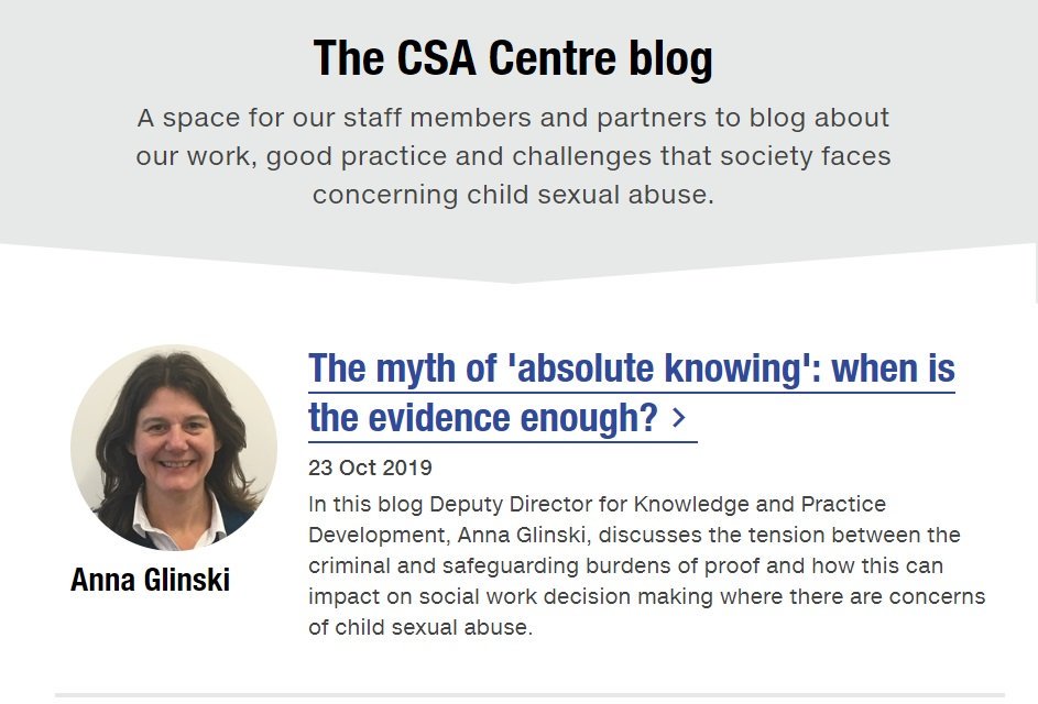 NEW BLOG- @AnnaGlinski writes about the myth of 'absolute knowing': when is the evidence enough?
csacentre.org.uk/resources/blog… 
#childsexualabuse #socialwork #socialworkers #disclosures #CSA #practiceimprovement #safeguarding #children