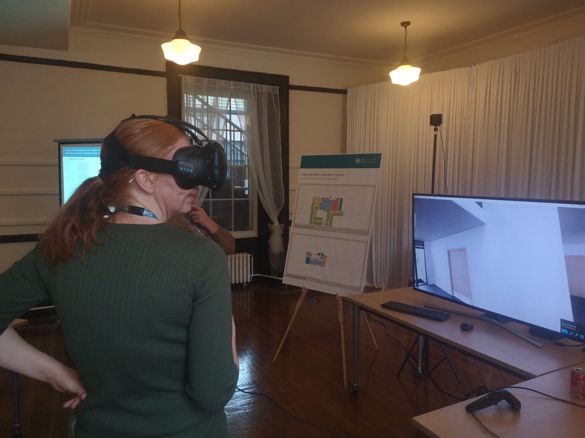 Olivia from <a href="/AneurinBevanUHB/">Aneurin Bevan University Health Board</a> Comms trialling the VR walk around of the new health and well-being centre in #Tredegar - it really is very impressive