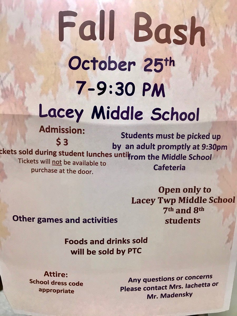 LTMSPrincipal's tweet photo. Attention all 7th and 8th grade LTMS students.  We have a Fall Bash this Friday night from 7:00 p.m. to 9:30 p.m. Get your tickets during lunch periods.  All students must have a ride home at 9:30.  #laceypop https://t.co/VDjkuNeypL