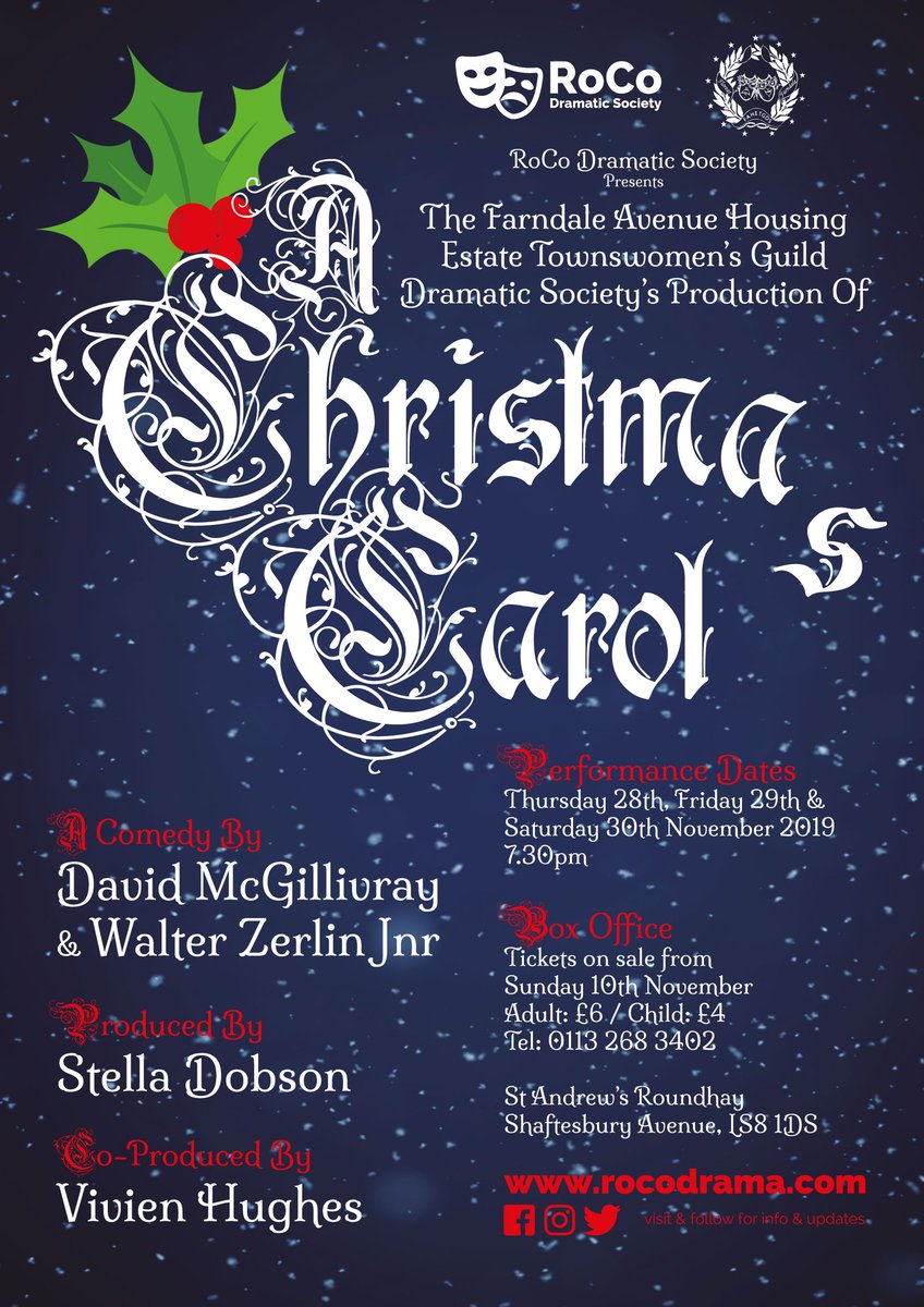 RoCo presents Farndale Avenue's A Christmas Carol

Tickets on sale Nov.10, visit the website for more info: rocodrama.com/farndale-avenu…

#TakeToTheStage #RoCoDrama #Leeds #Roundhay #RoundhayPark #BoxOffice #AmDram