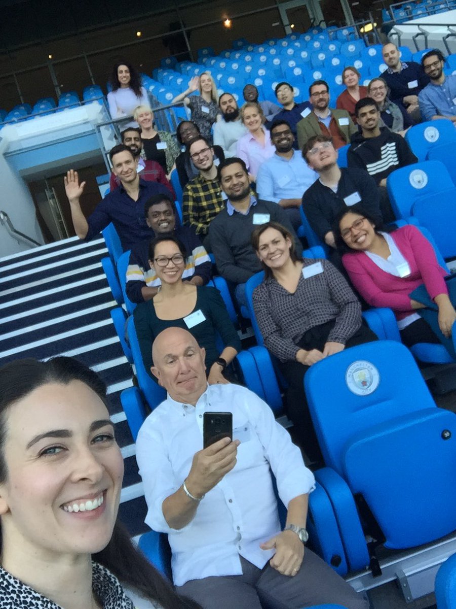 Ellie_Buckley29's tweet photo. If my dad finds out I’ll be disowned 😂 but what a fabulous venue for our @OfficialUoM #Researcher2Innovator boot camp @Etihad_Stadium Delegates having a quick lunch break and photo in the grounds! #Enterprise #Commercialisation #Ideas https://t.co/nWLqgUXh7V