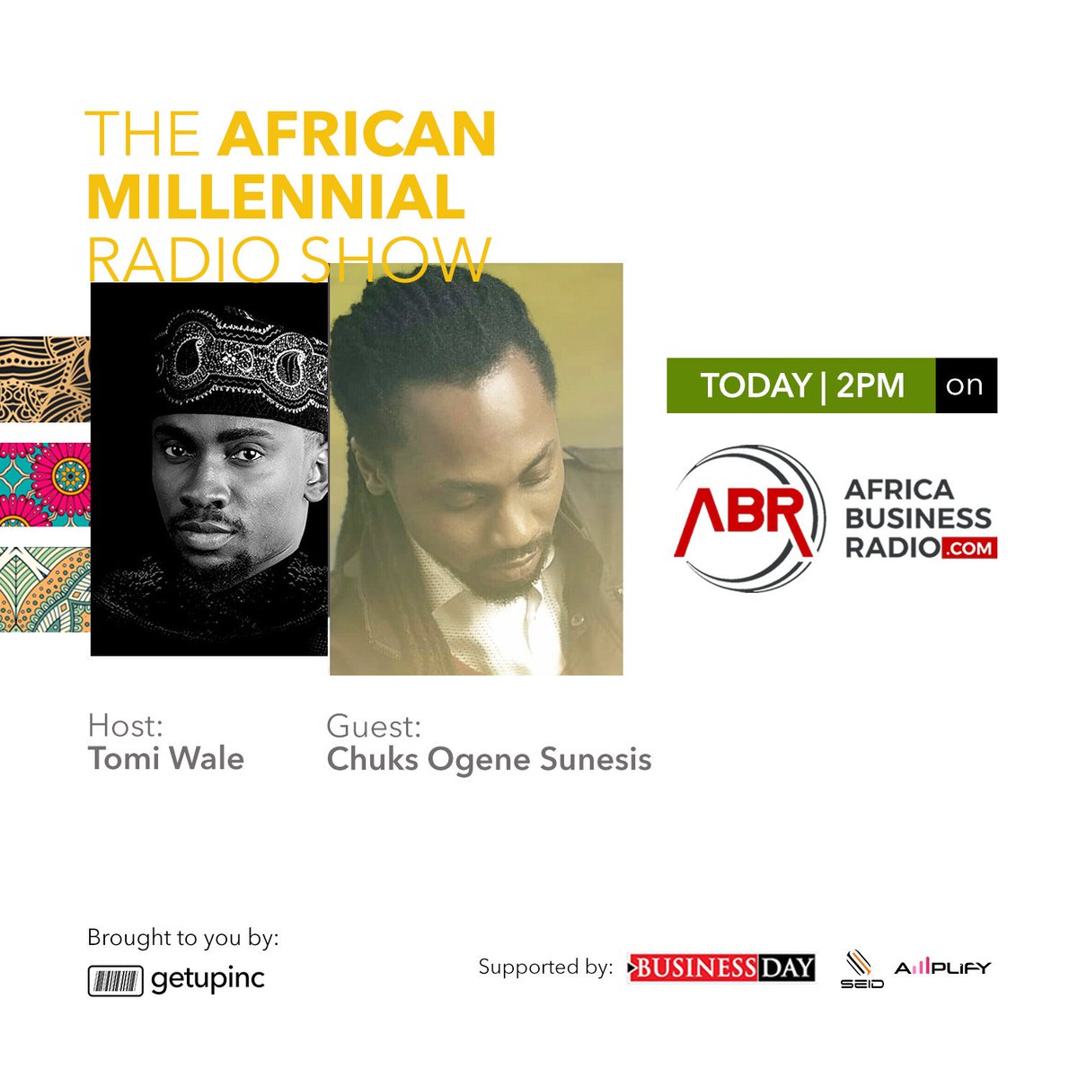 GetUpInc's tweet photo. LIVE AT 2PM ON https://t.co/VsiBnzOhMF

@tomiwale_ X @mrsunesis on 
THE AFRICAN MILLENNIAL RADIO SHOW 

Talking Millennials &amp; Problem Solving (Design)

#Millennials #AfricanMillennials https://t.co/shl2DYnBaL