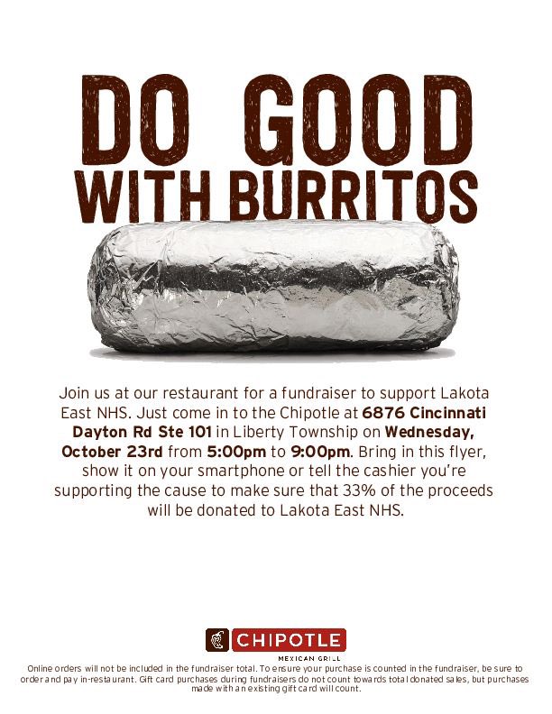 Today is the day!! Come support East NHS by coming to Chipotle on Cincinnati Dayton from 5-9, and showing them this flyer!! #EastNHS