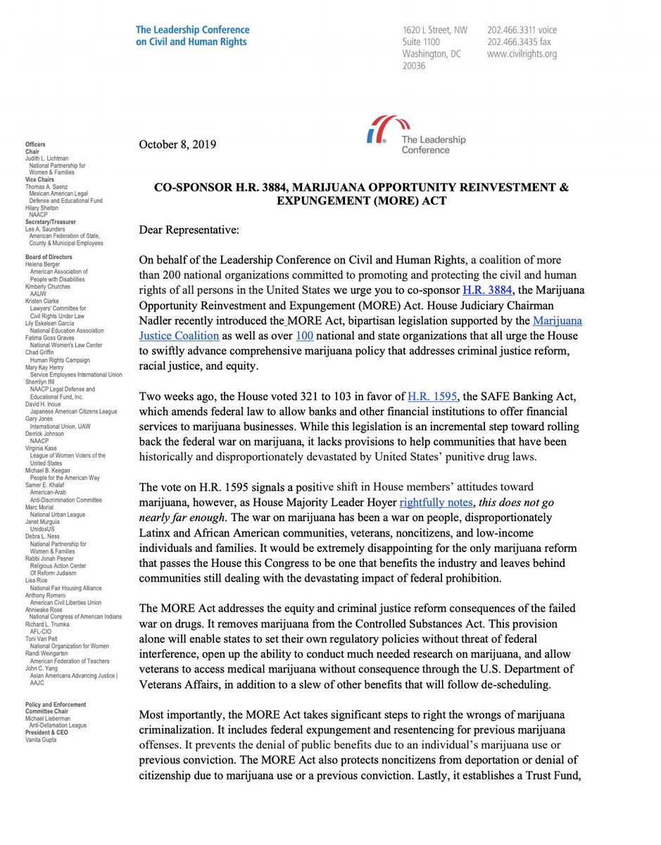 Page 1 of our letter in support of the MORE Act. Full text of the letter is linked in the original tweet.