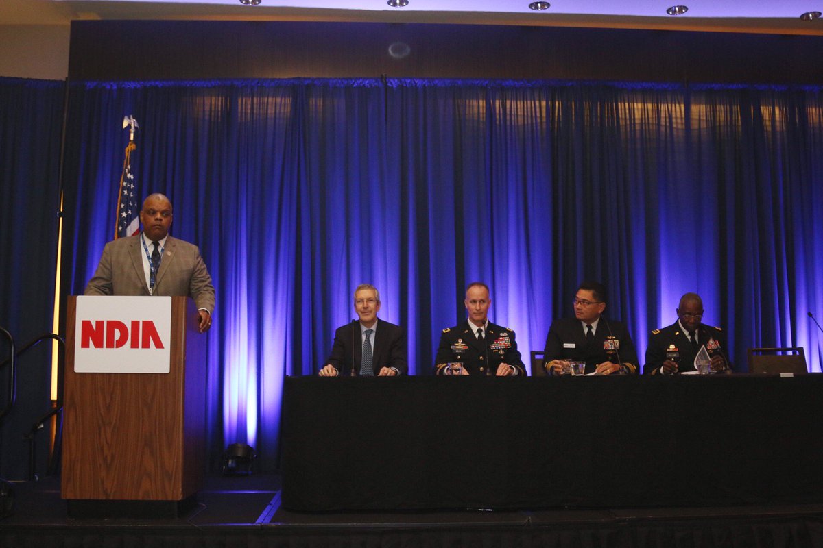 NDIAToday's tweet photo. Hon. Alan Estevez moderates “Survivable Logistics in Great Power Competition" panel featuring RADM (Sel.) Alan Reyes, USN, MG Wike Wehr, USA, and LTG Darrell Williams, USA, at #EWC19 this morning at Westin Annapolis, MD. #NDIAEWC19 https://t.co/nXALpsfNyT