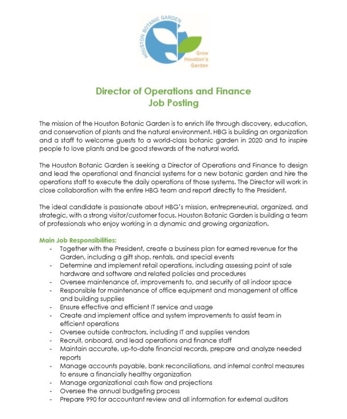JustinLLacey's tweet image. In case you haven't heard, I love my job at the @houstonbotanic Garden. Maybe you would love working here too. If you have a background in operations management and finance, this new job posting could be your chance.