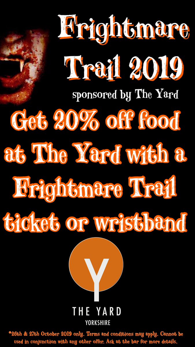 ☠️ Show your ticket/wristband for the Frightmare Trail to receive 20% off food at the Yard this weekend!! ☠️ #ilkleyscaretrails2019 #frightmaretrail #theyardilkley <a href="/TheYardIlkley/">The Yard</a> <a href="/IlkleyChat/">Ilkley Chat</a> <a href="/IlkleyBID/">IlkleyBID</a> <a href="/BestOfIlkley/">Best Of Ilkley</a>