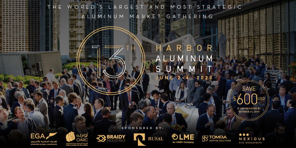 3 Weeks Left for $600 USD Discount! Don’t miss HARBOR's 13th Aluminum Summit  - June 2-4, 2020 | Chicago, IL, USA ow.ly/r2sp50wS66Y