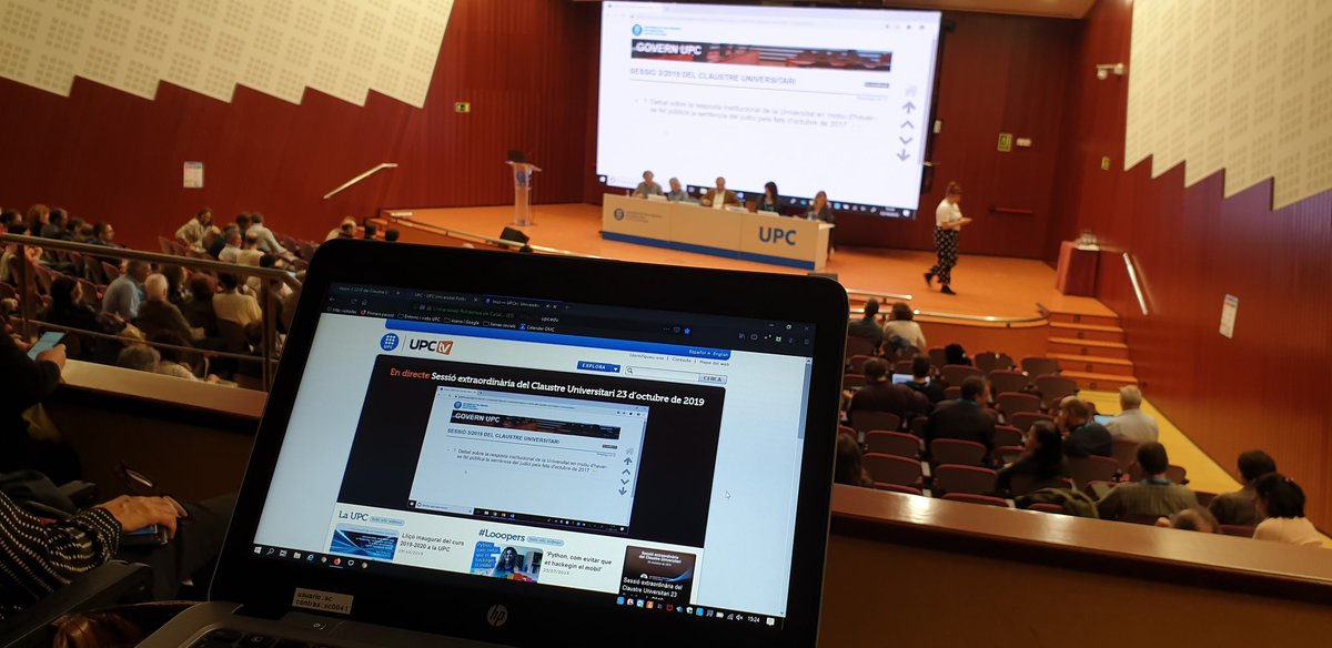 Comença la sessió extraordinària del Claustre Universitari de la #UPC per debatre sobre la resposta de la Universitat amb motiu de la sentència pels fets d'octubre de 2017
👉 En directe, per #UPCtv: tv.upc.edu #claustreUPC