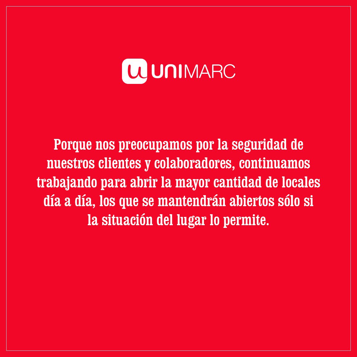 Porque nos importa la seguridad de tod@s, estamos evaluando la situación para abrir la mayor cantidad de locales posibles. Agradecemos su comprensión.