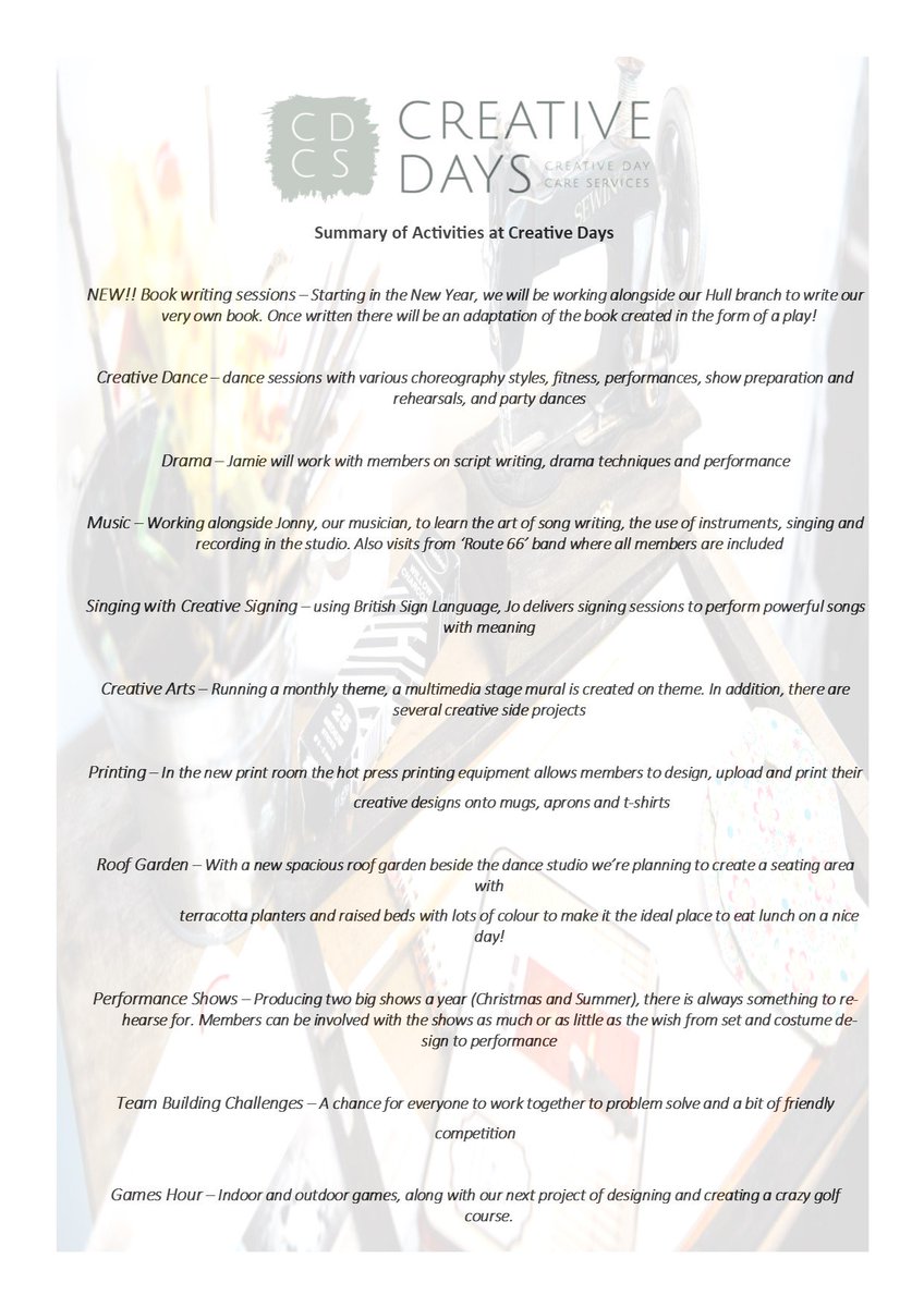 We still have spaces for adults with disabilities to become a member of Creative Day Care Scarborough, here is a taster of what we do...