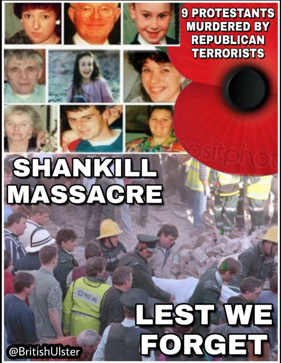 ProudProtestant's tweet photo. On 23rd October 1993 - The Shankill Massacre took place

9 Protestants, men, women and children were murdered when Republican terrorists left a bomb in a fish shop on the Shankill Road in Belfast.

Always remembered 🇬🇧 https://t.co/nUK3hxwRGs