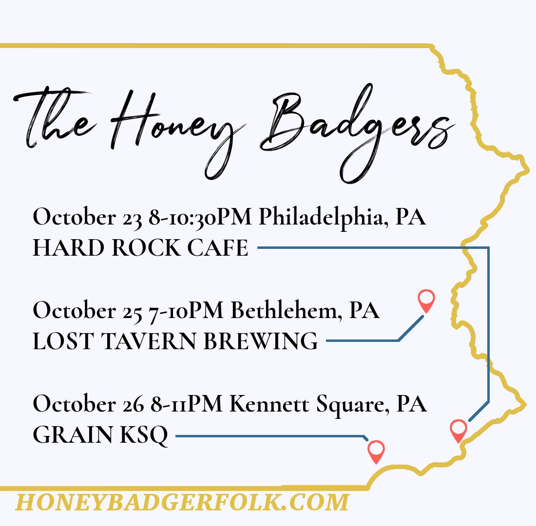 honeybadgerfolk's tweet image. It's a week full of Pennsylvania shows! Should be fun 😁
-Wednesday 10/23 #PHLLive finals at @HardRockPhilly 
-Friday 10/25 Lost Tavern Brewing in Bethlehem
-Saturday 10/26 Grain KSQ in Kennett Square 
honeybadgerfolk.com/shows #LiveMusic #Philly #LehighValley #KennettSquare