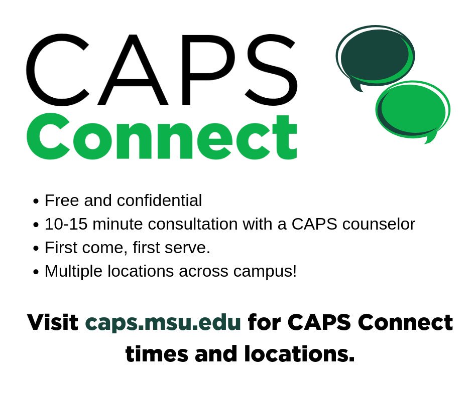 HealthySpartans's tweet photo. Look for CAPS Connect on campus! Free. Confidential. Learn more, including where to find CAPS Connect at https://t.co/tSpAJx4zcP #HealthySpartans #CAPSConnect https://t.co/x4bL5C4ByU