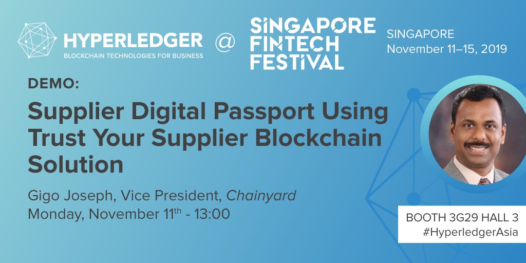 lfdecentralized's tweet photo. Gigo Joseph from @chainyard will present a demo at our booth at #SGFinTechFest on 11/11. Mark your calendar! https://t.co/tDRDWCov2M #HyperledgerAsia https://t.co/goTvMAcLhG