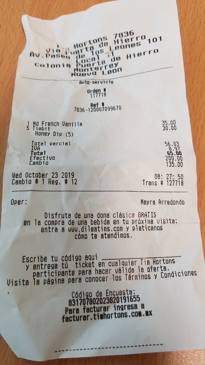 nelidagzz's tweet photo. @TimHortonsMX Claro que sí, fue en la de Vía Puerta de Hierro. Les adjunto el ticket. Y obviamente tengo la bolsita con los 5 timbits. https://t.co/R9xxmeZSXo