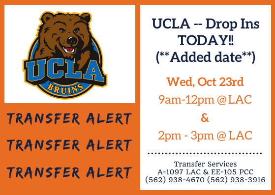LbccTransfer's tweet photo. **TODAY!! Wed, 10/23** UCLA is at LAC Transfer Center for Drop-Ins!  LAC, A-1097.  Stop on by with any questions. https://t.co/uEO0NBZ6w1