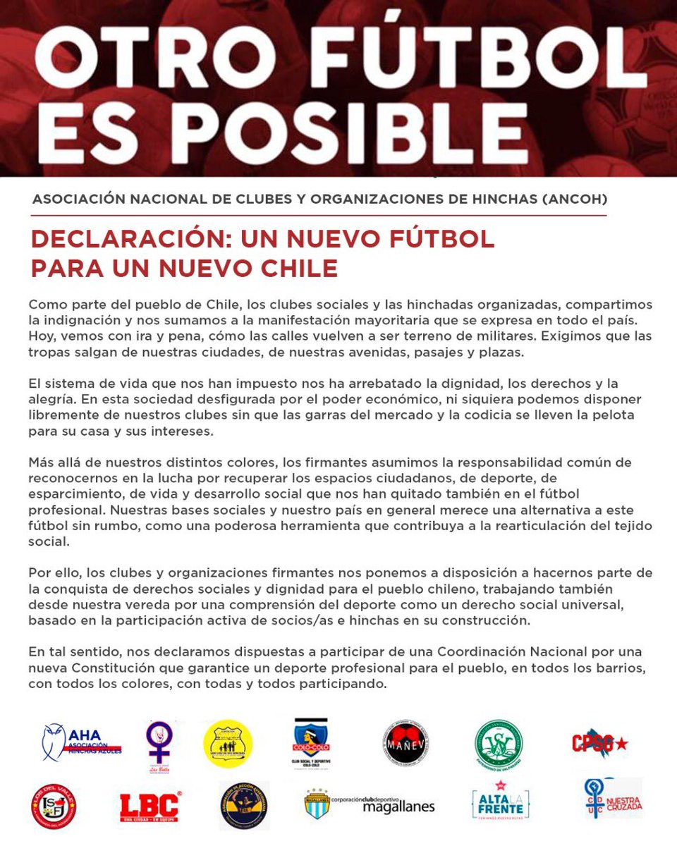 ANCOH_Chile's tweet photo. COMUNICADO OFICIAL ASOCIACIÓN NACIONAL DE CLUBES Y ORGANIZACIONES DE HINCHAS.

¡Todos por un mismo objetivo! Estamos atentos y atentas a los clubes que quieran sumarse a esta instancia. No puedes quedar fuera de la lucha por recuperar el fútbol que nos robaron. 👊🏻⚽️ https://t.co/rmvVCvA6PV