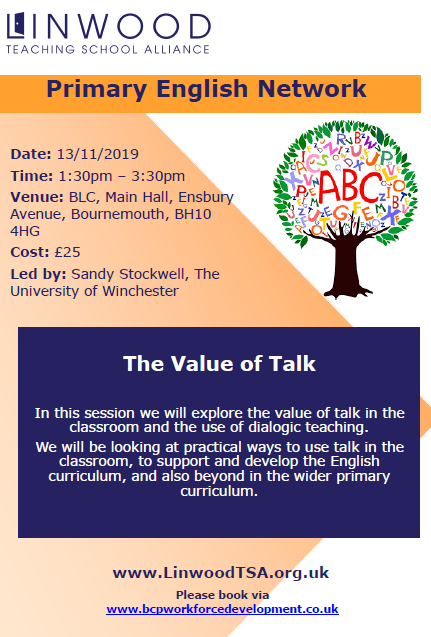 LinwoodTSA's tweet photo. Primary English Network taking place at #bournemouthlearningcentre in November. #literacy #thevalueoftalk #primaryenglish #engchat https://t.co/0zNQ67prrC