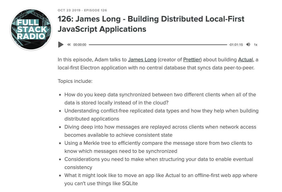 Adam Wathan (@adamwathan) on Twitter photo π New <a href="/fullstackradio/">Full Stack Radio</a> is out!
I talk to <a href="/jlongster/">James Long</a> about building <a href="/actualbudget/">Actual</a> as a local-first application with no central database.
We dive deep into strategies for synchronizing data between clients using fancy stuff like CRDTs and Merkle trees πΈ
fullstackradio.com/126 π New <a href="/fullstackradio/">Full Stack Radio</a> is out!
I talk to <a href="/jlongster/">James Long</a> about building <a href="/actualbudget/">Actual</a> as a local-first application with no central database.
We dive deep into strategies for synchronizing data between clients using fancy stuff like CRDTs and Merkle trees πΈ
fullstackradio.com/126