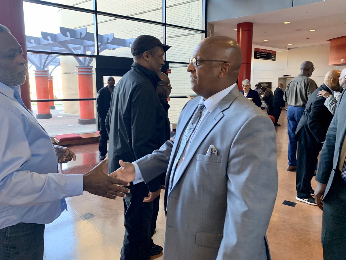 MSUMPPD's tweet image. Mayor Jack Young greets visitors in the lobby of the Murphy Fine Arts Center. @mayorbcyoung #MorganOnSocial #BearTV #SGJC @SGJCMSU