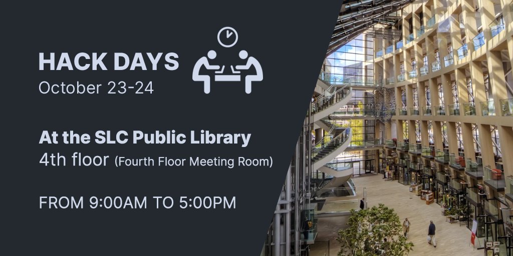 SolidusIO's tweet photo. Good morning, everybody! The first hack day starts at 9AM. 💻 See you at the SLC Public library!
The room is on the 4th floor (𝘍𝘰𝘶𝘳𝘵𝘩 𝘍𝘭𝘰𝘰𝘳 𝘔𝘦𝘦𝘵𝘪𝘯𝘨 𝘙𝘰𝘰𝘮).
If you can’t find it, check with the info desk next to the elevators.

#SolidusConf2019 #SolidusConf https://t.co/SNLkLir3YQ