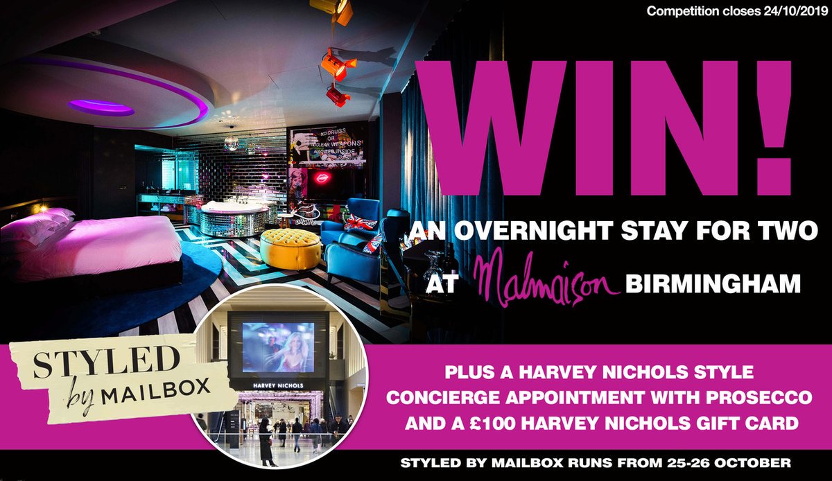 LAST CHANCE TO #WIN!

An overnight stay for two at <a href="/BirminghamMal/">young nfl 767</a> plus a £100 <a href="/HarveyNichols/">Harvey Nichols</a> voucher and a concierge appointment with prosecco.

FOLLOW + RT before MIDNIGHT!

Styled By <a href="/Mailboxlife/">Mailbox Birmingham</a> runs from 25-26 October.

For more information visit > whatsonlive.co.uk/birmingham/new…