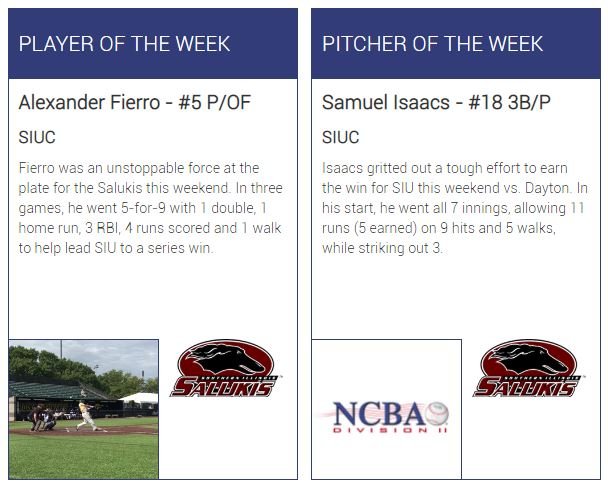 Congrats to our Week 6 Northern Plains - East Player (Alexander Fierro) and Pitcher (Samuel Isaacs) of the Week‼️ <a href="/SalukiBaseball/">Saluki Club Baseball</a> 
 
#NCBA #RoadToKansas #NorthernPlains