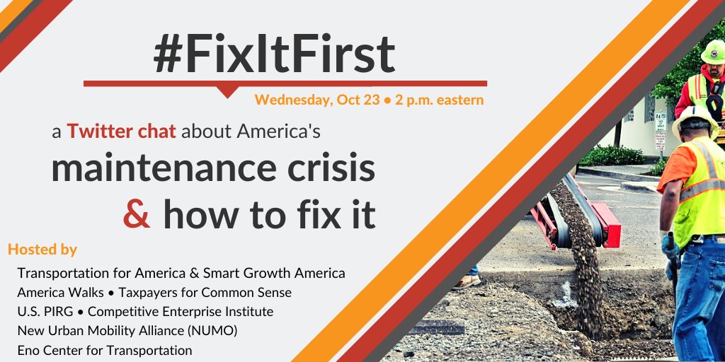 T4America's tweet photo. Today at 2pm EST: Our #FixItFirst tweet chat. 

Join us to learn about how despite boosts in funding, the federal transportation program fails to fix our crumbling infrastructure. 

Money isn't the solution. Changing how we spend is. https://t.co/PykiFk0dJ1