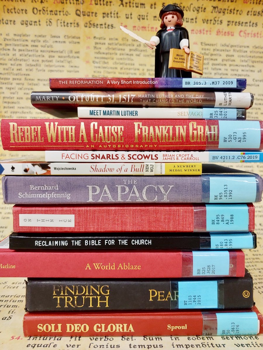 SBTSLibrary's tweet photo. A book spine poem:
The Reformation: a Very Short Introduction
October 31, 1517
Meet Martin Luther
Rebel with a Cause
Facing Snarls and Scowls
Shadow of a Bull
The Papacy
On Thin Ice
Reclaiming the Bible for the Church
A World Ablaze
Finding Truth
Soli Deo Gloria
#TLM2019 @SBTS https://t.co/qerKUwSd4K