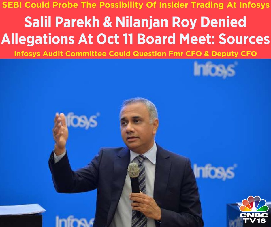 CNBCTV18Live's tweet photo. #TopStory On India Biz Hour | Infosys CEO & CFO denied allegations made by the #whistleblower at the board meet on Oct 11, say sources. SEBI could probe the possibility of insider trading & co's audit committee could question the former #CFO & deputy CFO #CNBCTV18Exclusive #At9pm https://t.co/vOs1QPM2Pi