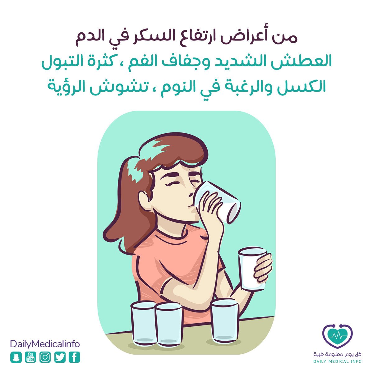 كل يوم معلومة طبية من أعراض ارتفاع السكر في الدم العطش الشديد وجفاف الفم كثرة التبول الكسل والرغبة في النوم تشوش الرؤية لذلك انتبه لهذه الأعراض ولا تتردد