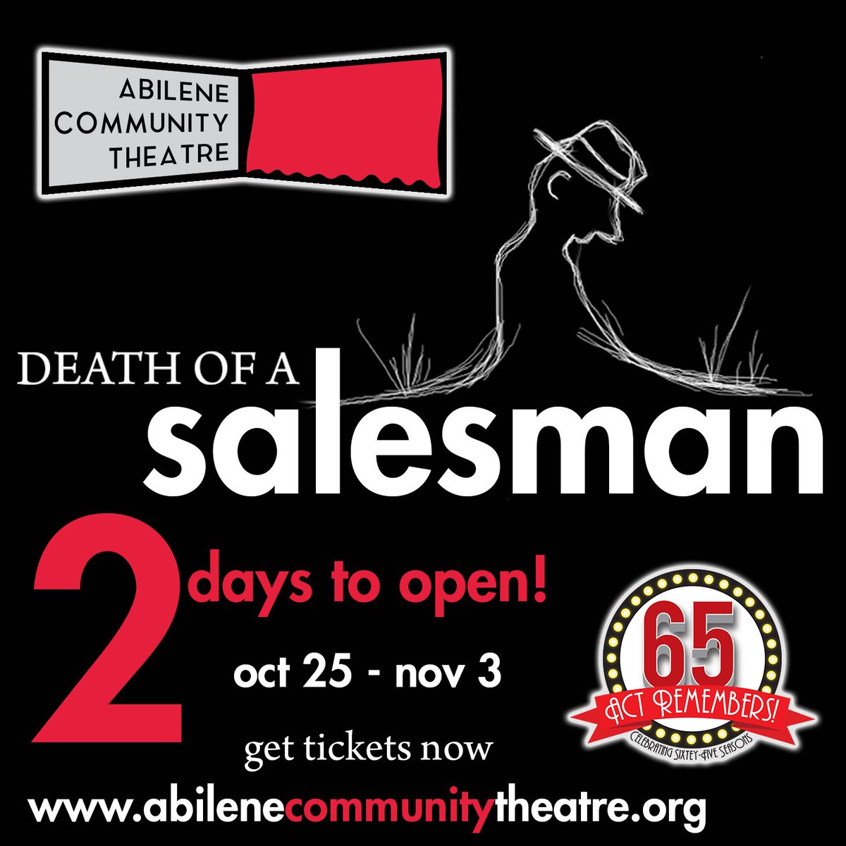 ACTAbilene's tweet image. We are 2 days from the opening of DEATH OF A SALESMAN, and we're giving away more tickets over on our Facebook page! Have a look at the pinned post to enter. Get tickets and showtimes for the whole season at abilenecommunitytheatre.org

#ACTRemembers #DeathOfASalesman #GetInTheACT