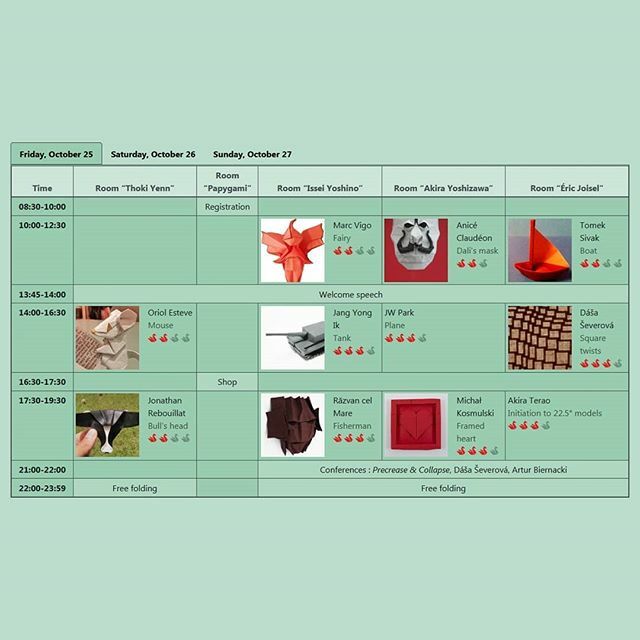 OORAA_fr's tweet photo. Here is Friday's schedule !
Some great workshops by
@marc.vigo @_anicecldn_ Tomek Sivak @oriol.esteve.origami Jang Yong Ik @18575_origamist @paperain @jonathanrebouillat @rcmorigami @mkosmul &amp; Akira Terao

Any idea what you're going to fold ? https://t.co/otKzP4MZZC https://t.co/C2HSMC0cyf