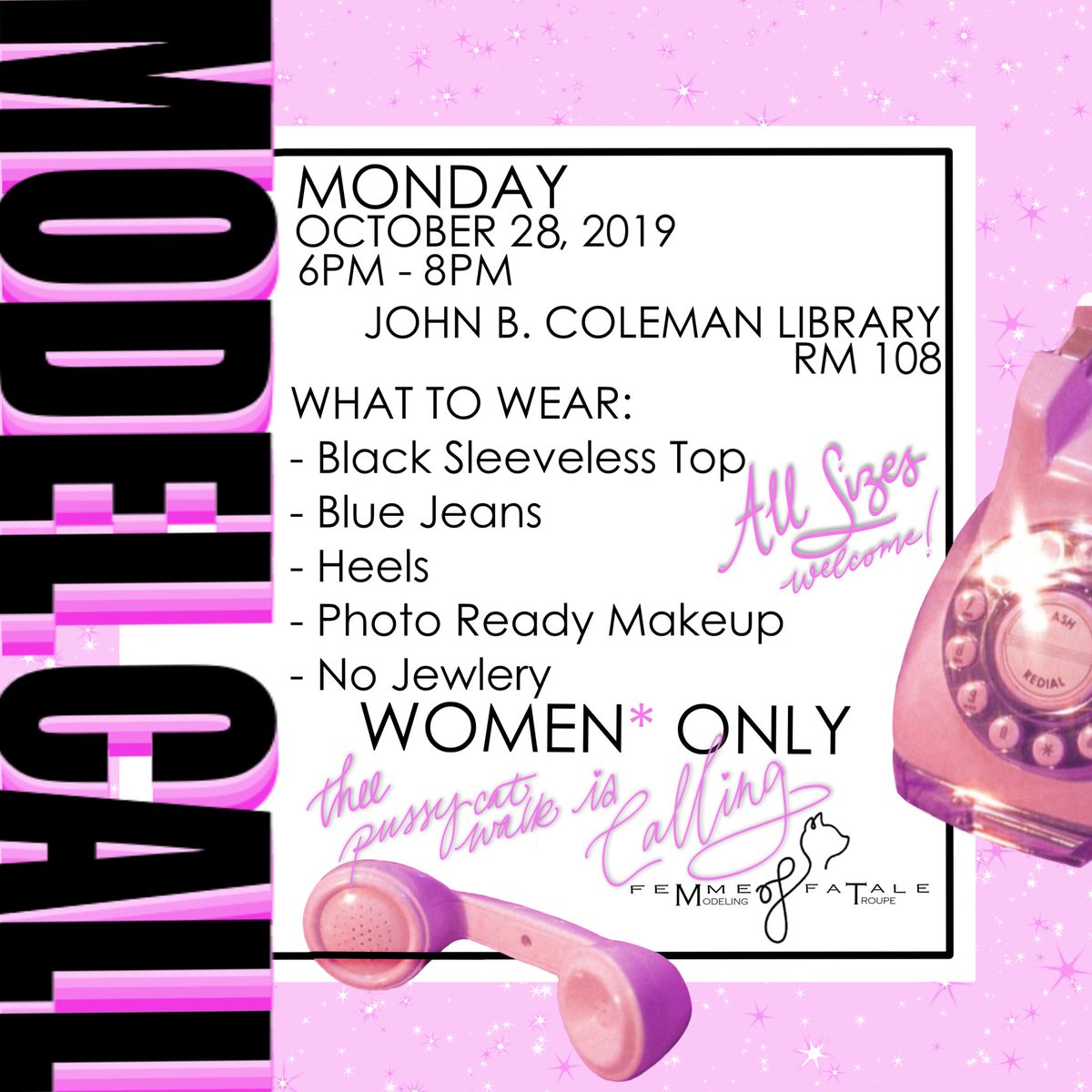 FemmeFataleMT's tweet image. 📞*Ring Ring* “Hello?? PVAMU? IT’S US!💓 The Muses of Femme Fatale are calling to invite you to our 2nd casting call of the semester✨ Come strut your stuff on the infamous pussy-cat walk and let the model in you out to play! 😉 See you there! 😘
#PV23 #pv22 #pv20 #pvamu23