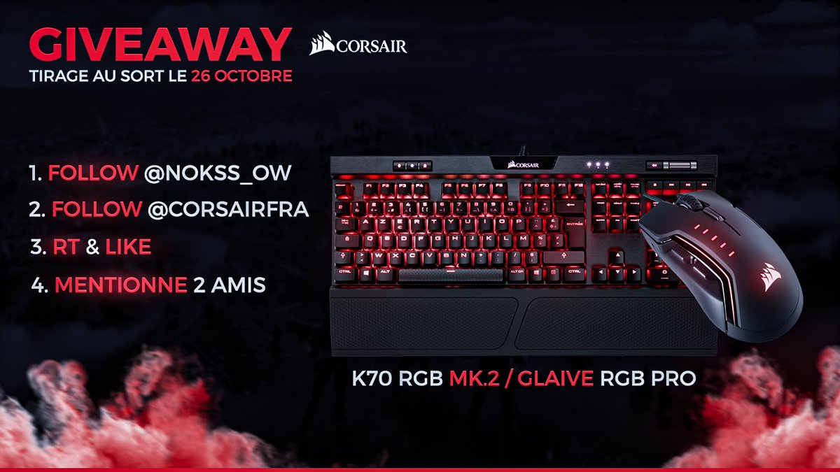 NokSs_OW's tweet image. #GIVEAWAY

Avec mon partenaire Corsair on à décidé de vous faire gagner un gros lots ! Un clavier K70 RGB MK.2 et une souris Glaive RGB PRO pour un total d'environ 250€! 

Pour participer il faut :
- Follow @CORSAIRFRA &amp;amp; @NokSs_OW 
- RT &amp;amp; Like ce tweet
- Mentionner 2 amis 

GL❤️