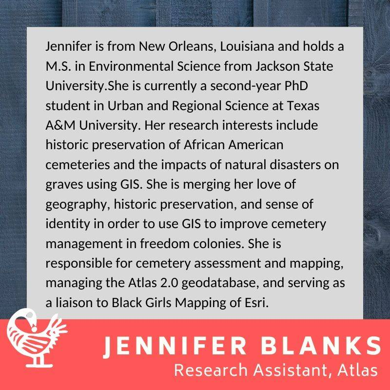 FreeBlackTX's tweet photo. Meet doctoral student Jennifer Blanks! Check out this link to learn more about her and the rest of the Texas Freedom Colonies Project Research team! #BlackGirlsMapping #TxFCP #LAUP #planning
https://t.co/QypHmPqPHj https://t.co/0Ukc4WesGV