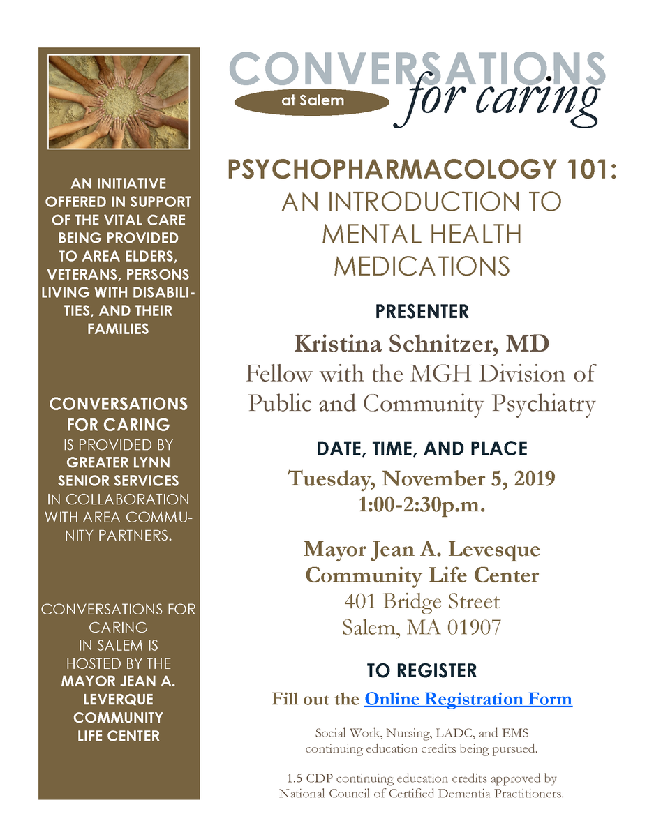 SeniorCareInc's tweet photo. Psychopharmacology 101: An Introduction to Mental Health Medications. Tues, Nov 5, 2019, Mayor Jean A. Levesque Community Life Center. https://t.co/FQl8tJjDyT