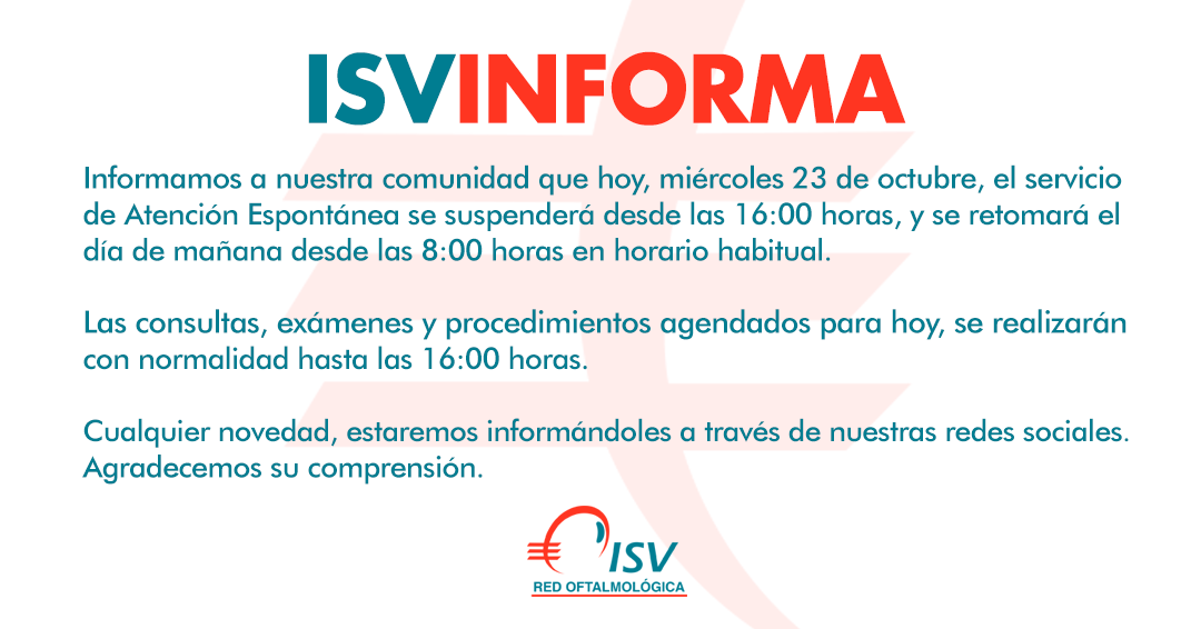 IsvRed's tweet photo. 📌ATENCIÓN ESPONTÁNEA

En Clínica ISV la atención espontánea será hasta las 16:00 horas de hoy, retomándose mañana jueves a las 8:00 horas.

Las consultas, exámenes y procedimientos se desarrollarán con normalidad hasta las 16:00 horas de hoy.

600 5830 800

#Valparaíso https://t.co/Z1BJRjouYt
