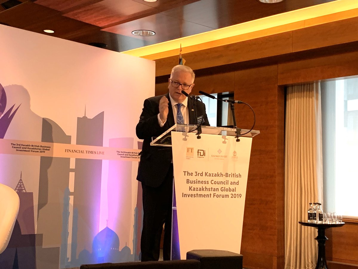 Ambassador of Kazakhstan to the UK Erlan Idrissov and British Ambasaador to Kazakhstan @MikeGiffordFCO deliver closing addresses at the Kazakhstan Global #Investment Forum 2019 #FTKazakhstan #FTLive <a href="/UKinKZ/">British Embassy Astana</a>