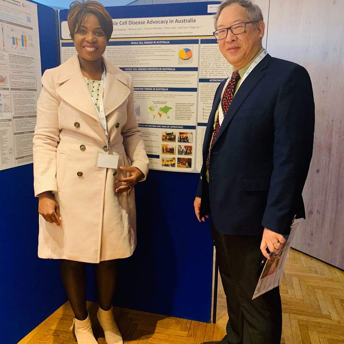 AuSickle's tweet photo. #ASCAT2019. Had an opportunity to highlight #SCD disease in Australia. Presented a poster about the our work in the past year. Highlighted our achievements and challenges faced during this period. Good to run into Australian Haematologists Shalah from Monash Medical center. https://t.co/p3QcJ3EQdH