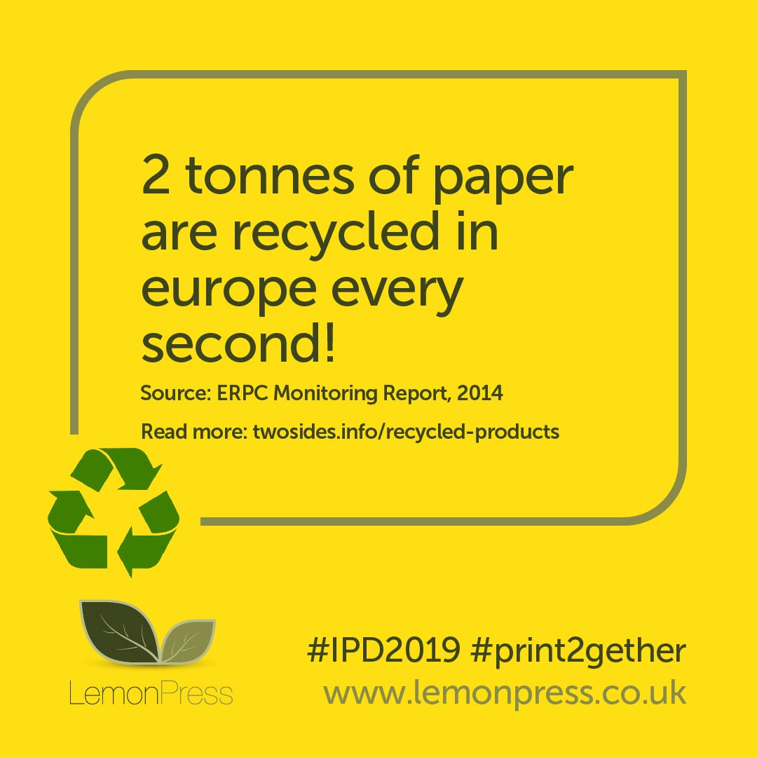 2 tonnes of #paper recycled every second!

Lemon Press are ISO14001:2015 accredited, proving our commitment to the #environment and to #Sustainability.

#IPD2019 #print2gether #print